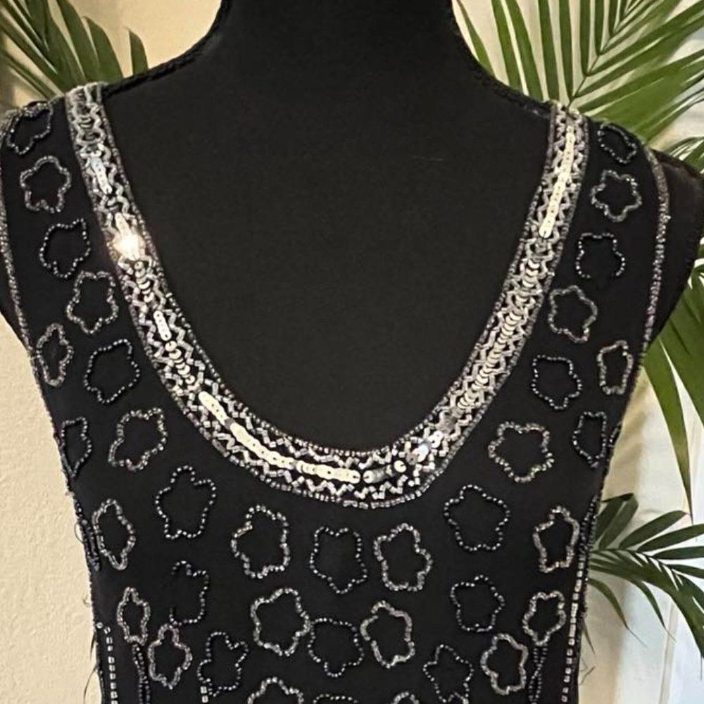 NWT Black with Silver Sequins Beaded 100 Silk Sleeveless Dress size 2 - Picture 5 of 16
